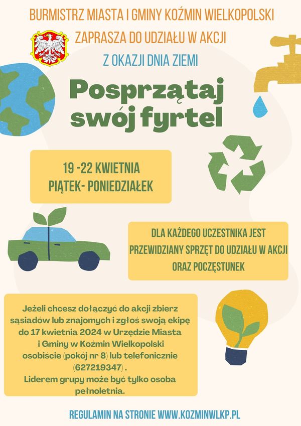 Na żółtym tle treśc plakatu, samochód, kula ziemska, żarówka
